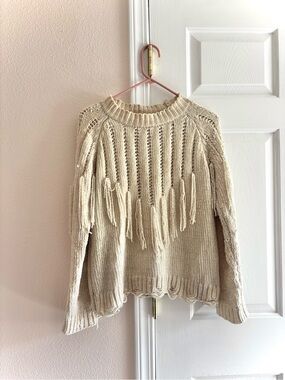 For Good Beige Chenille Fringe Boho Western Chunky Pullover Small